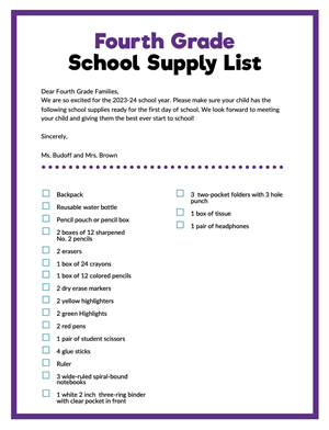 4th Grade Supply Lists